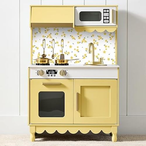 Best Choice Products Toddler Kitchen Playset, Wooden Cottage Kids Play Kitchen with 5 Accessories, Toy Storage, Scalloped Edge, and Pretend Play Microwave, Oven, Clicking Knobs - Butter