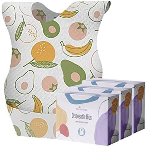 SUNVENO Disposable Baby Bibs with Crumb Catcher Pocket, Leakproof Liner, Adjustable Adhesive Tabs, Individually Wrapped
