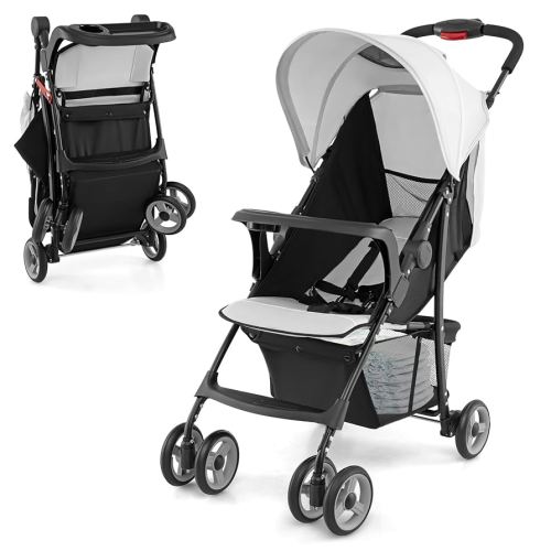 HONEY JOY Lightweight Stroller, Compact Travel Stroller for Airplane, Toddler Fold Pushchair w/Adjustable Canopy & Backrest, Storage Basket, Umbrella Stroller for Infants (Gray)