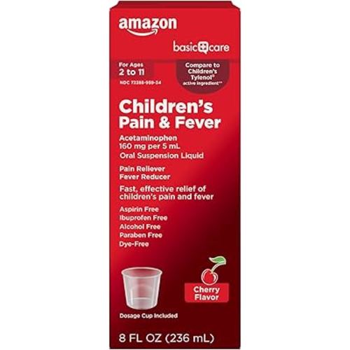 Amazon Basic Care Children's Pain and Fever, Acetaminophen 160 mg per 5 mL Oral Suspension, Dye-Free Cherry Flavor, Fever Reducer and Pain Reliever for Headache, Sore Throat and Toothache, 8 fl oz