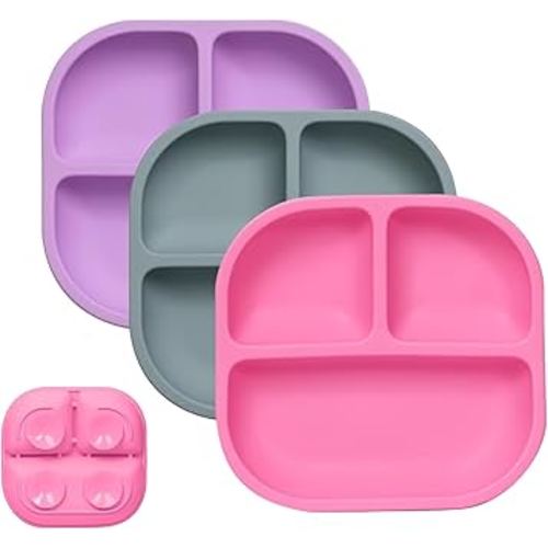 BABELIO Powerful Suction Plates for Baby and Toddler, 100% Food Grand Silicone, Divided, BPA Free, Microwave & Dishwasher Safe, Stay Put, 3 Pack