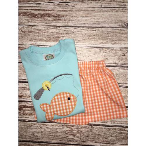 Boy's Fish Applique Shirt with Orange Gingham Shorts