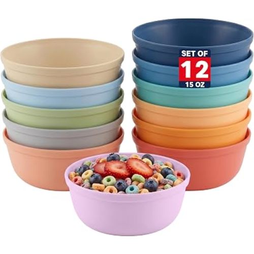 MASTERCOOK Plastic Bowls Set of 12 – 15oz Multipurpose Deep Plates Salad and Pasta Bowls Ideal for Home, Kids, Parties – Stackable Bowl for Kitchen – Non-BPA and Food Grade – Cute Colors