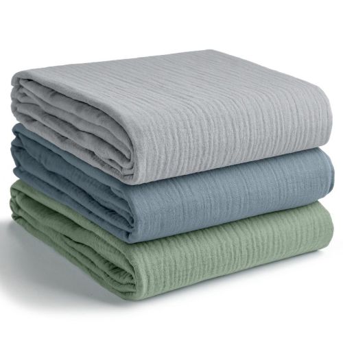 Comfy Cubs Muslin Swaddle Blankets Pack of 3 - Large 42" x 42" 100% Cotton Baby Blanket Set Wraps - Heather Blue, Pacific Blue, Fern