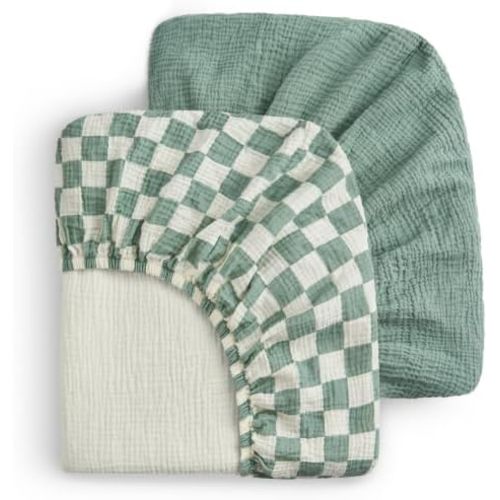 Blissful Diary Muslin Crib Sheets, 2 Pack, Sage Checkboard & Sage Green