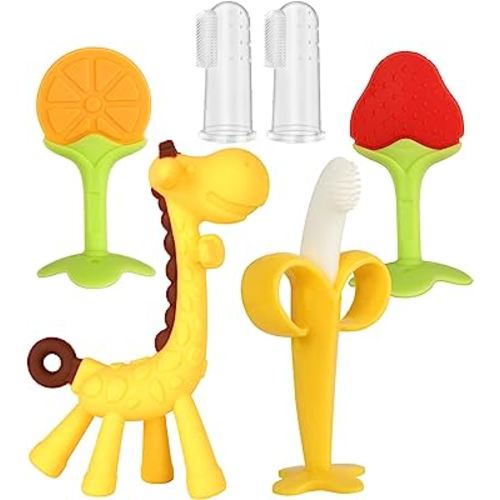 Fu Store Baby Teething Toys (6 Pack) for Newborn Freezer Safe BPA Free Infant and Toddler Silicone Banana Toothbrushes Fruit Giraffe Teethers Soothe Babies Gums Set with Storage Case