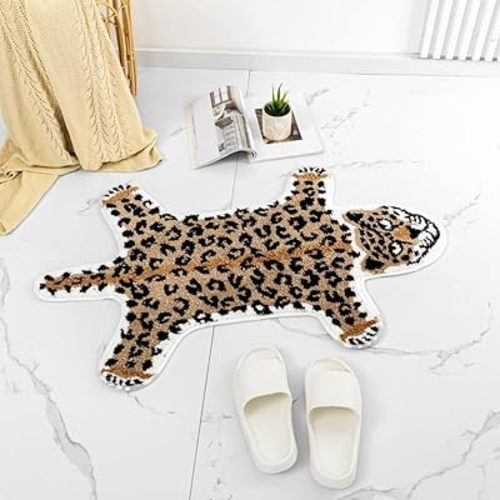 ZSCYD-yingda1992 Leopard Shaped Animals Bath Mat Non-Slip Cute Bathroom Door Mat for Kitchen Bedroom Cartoon Shower Rug for Tub Soft Bathtub Mat Home Decor Brown
