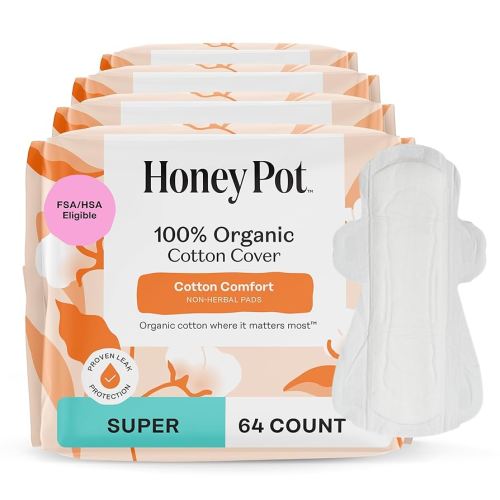 The Honey Pot Company - 64ct - Sanitary Pads for Women - Non-Herbal Super w/Wings - Organic - Cotton Cover, & Ultra-Absorbent Pulp Core - Feminine Care