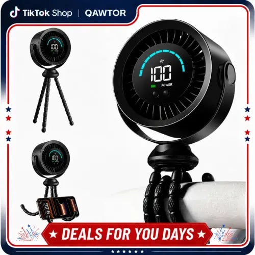 Qawtor 2026 Upgraded Portable Fan with LED Display & Flexible Tripod, 360° Adjustable USB Rechargeable Clip Fan for Desk, Travel & Outdoor,Suitable for car use,Deals For You Days - TikTok Shop
