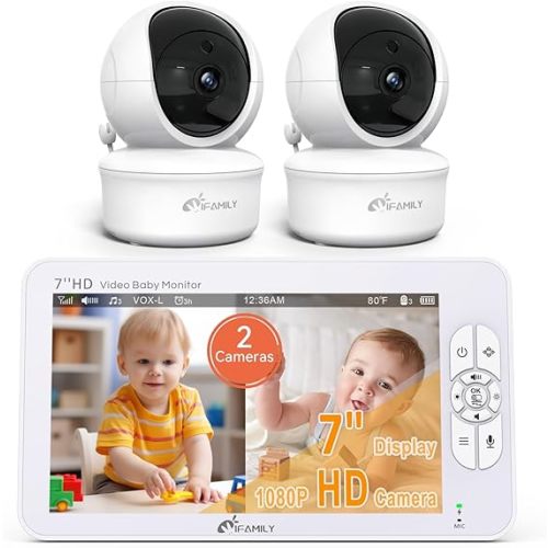 iFamily 7" Large Split Baby Monitor with 2 HD Cameras and Audio, 1080P HD Video Baby Monitor No WiFi,Hack Proof