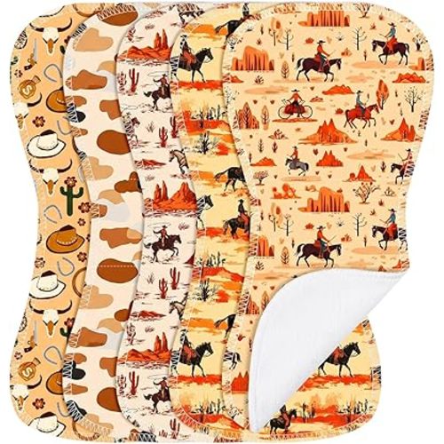 5 Pcs Western Baby Burp Cloths, 19 X 9 Inch Cotton Burping Cloths for Babies With Cowboy Pattern, Newborn Gifts Western Baby Stuff Western Nursery Decor, Soft Absorbent Spit Up Rags Burp Rags