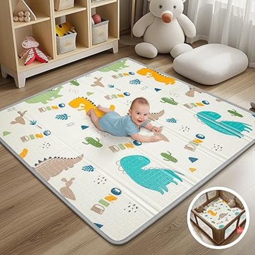 Foldable Baby Play Mat, PIGLOG 50" x 50" Waterproof Playmat for Playyards for Babies, Safe Foam Playmat for Tummy Time, Reversible Playmats, Portable Floor Mat for Infant, Toddler，Yellow Dinosaurs
