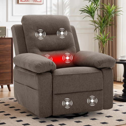 Korser Swivel Rocker Recliner Chair for Adults with Massage and Heat,Glider Rocking Chair for Nursery with Side Pockets Manual Recliners for Living Room,Linene,Brown