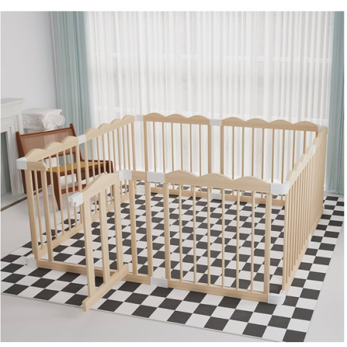 Baby Playpen, Wooden Playpen for Babies and Toddlers, Large Adjustable Wooden Baby Playard with Locking Gate, Easy to Assemble, Portable Play Pen, Infant Play Pen Play Area(47x62x24 Inch)