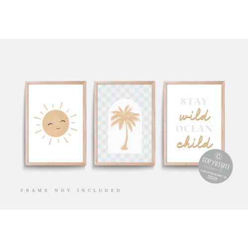 Beach Nursery Art Prints: Sun, Palm Tree, Ocean Child - Set of 3