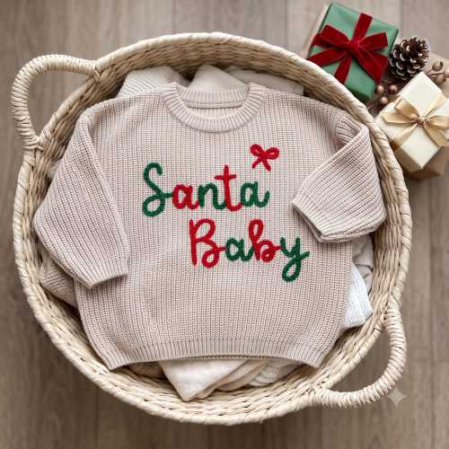 Hand Embroidered Christmas Santa Baby Sweater, Newborn First Christmas Gift, Personalized Christmas Santa Baby Sweater, Holiday Gift