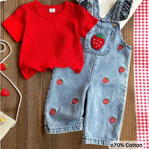 SHEIN Vintaside Kids 1pc Baby Girl Blue Denim Casual Cute Embroidered Floral Strap Denim Jumpsuit, Suitable For Outings And Parties | SHEIN USA
