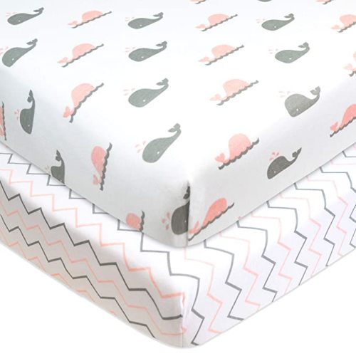 American Baby Company 2 Pack 100% Natural Cotton Fitted Pack and Play Sheets 39" x 27" - Soft & Breathable Pack N Play Sheets for Playard & Mini Crib Mattress, Navy Whale/Grey Zigzag, for Boys & Girls