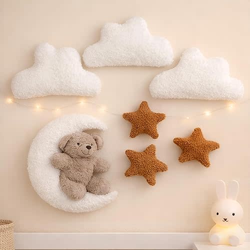 Chumia 7 Pcs Teddy Bear and Moon Wall Decor Nursery Wall Art with Clouds Stars Soft Plush Baby Room Decor Gender Neutral for Bedroom Decoration (Ivory Caramel)