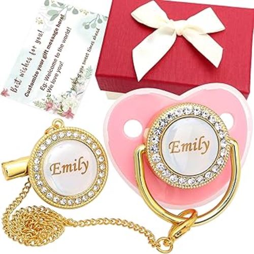Personalized Pacifier Set with Name, BPA Free, Bling Gold Silver Pink Rose Gold Luxurious Ideal Gift for Newborns (Pink)