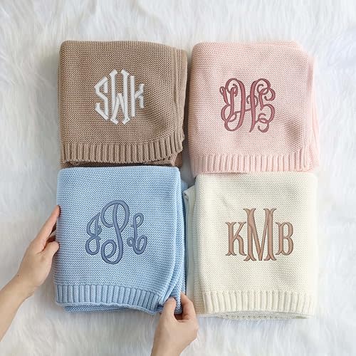 Embroidered Baby Blanket, Monogrammed Stroller Blanket, Personalized Custom Knit Blanket with Embroidered Initial Name, Baby Photography Props