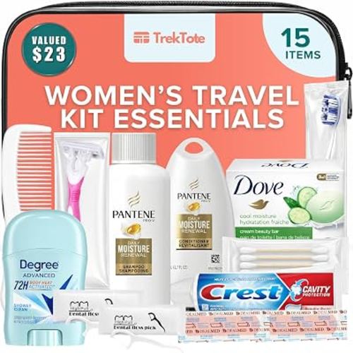 15-Piece Women’s Travel Toiletry Kit – With Premium Brand-Name Toiletries | TSA Approved Travel Essentials with Shampoo, Conditioner, Body Wash, Deodorant & Oral Care in Clear Bag