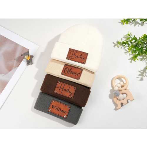 Personalized Baby Beanie, Knitted Winter Hat with Name Patch
