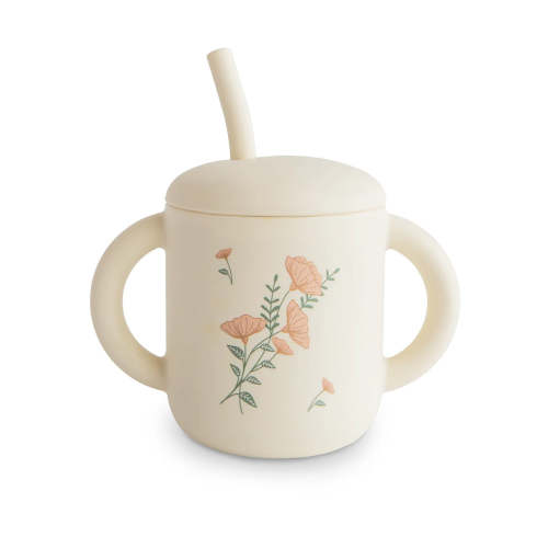 Silicone Training Cup with Straw, Pink Flowers