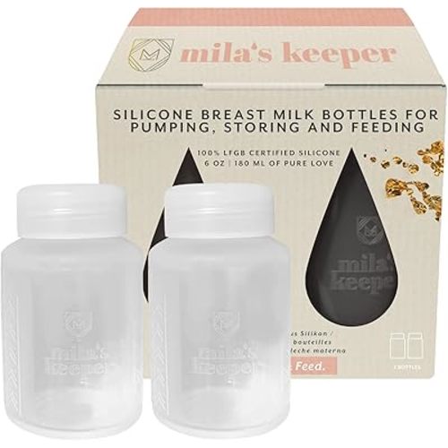 Mila's Keeper Premium Silicone Breast Milk Storage Bottles, for Pumping, Storing and Feeding, Fits Leading Pumps and Nipples, 6 oz Silicone Milk Storage Containers, Standard Neck Aspen White, Set of 2