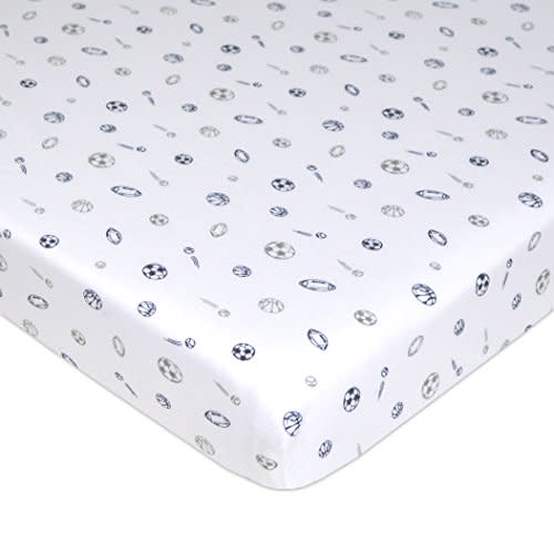 American Baby Company 100% Natural Cotton Fitted Mini Crib Sheet 38" x 24" - Soft & Breathable Small Nesting Portable Crib Sheet, Fits Pack N Play Mattresses, Navy/Gray Sports, for Boys & Girls