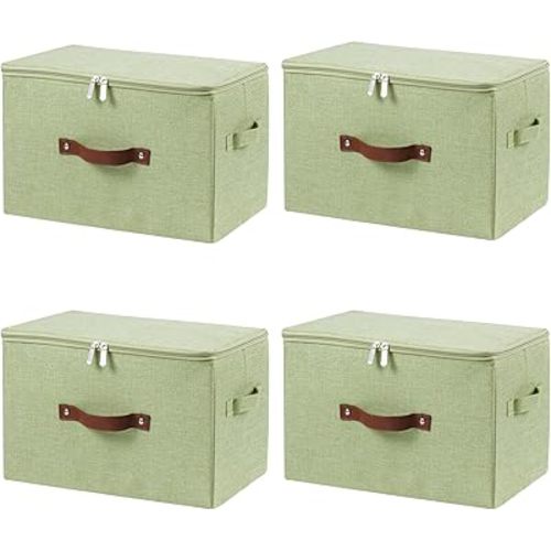 4 Pack Storage Bins with Zipper Lid Cotton Linen Fabric Lidded Storage Baskets Boxes Foldable Washable Closet Shelf Clothes Organizer Container with PU Leather Handles (Green, Large)
