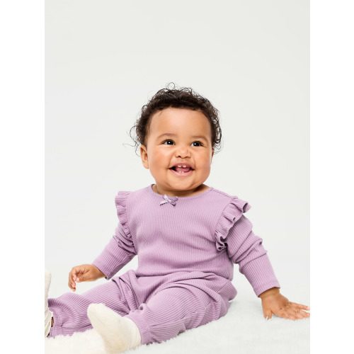 Printed Long-Sleeve Ribbed Ruffle-Trim Jumpsuit for Baby