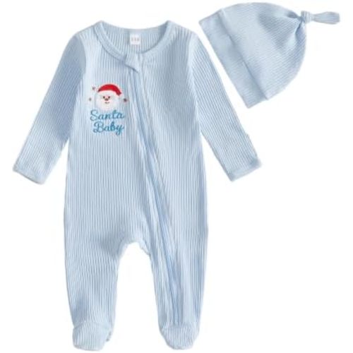 Newborn Baby Boy Christmas Outfit Zipper Footies Romper Jumpsuit Hat