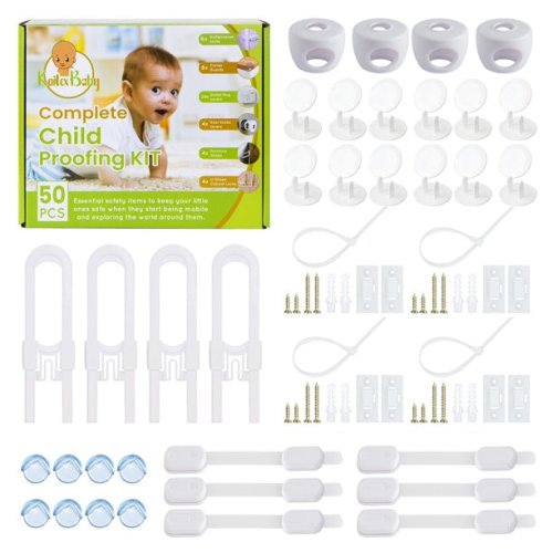 Kailexbaby 50-Piece Childproofing Kit with Cabinet Locks, Latches, Doorknob Covers, and More - Complete Baby Proof Safety Locks