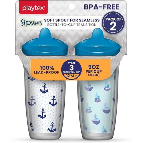 Playtex Baby Sipsters Hard Spout Sippy Cup for 12+ Months, 9 Ounce (2 Count), Blue Anchor & Sailboat Design, Insulated Toddler Water Bottle for Kids, Spill-Proof Cups for Toddlers 1-3, Stage 3