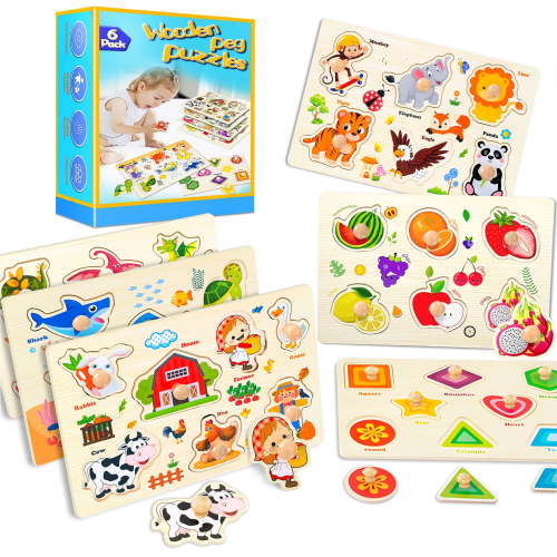 Wooden Peg Puzzles for Toddlers,Montessori Toddler Puzzles for Child,Fine Motor Skill Learning Puzzles Toys for Baby Boys Girls Gift-6 Pcs Shape,Farm,Sea Animal,Dinosaurs,Fruits,Animals