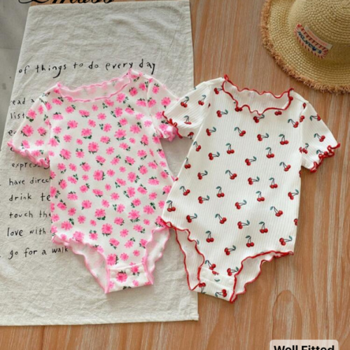 SHEIN LMoss Kids LMoss 2pcs Newborn Baby Girl Summer Cute Floral Cartoon Print Knit Elastic Snap-Up Short Sleeve Bodysuit Set | SHEIN USA