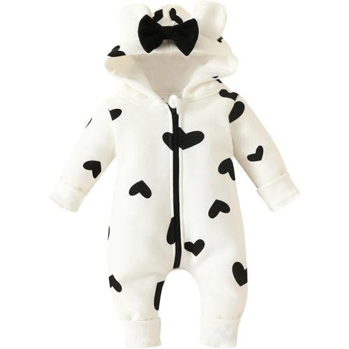 Newborn Baby Girl Hooded Jumpsuit Heart Cow Zip Up Long Sleeve Infant One Piece Romper Snowsuit Valentines Outfit