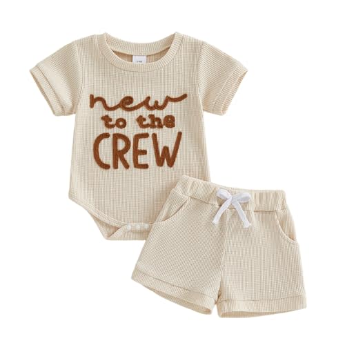 allshope Newborn Baby Boy Summer Outfit Set New To The Crew Embroidery Romper Jumpsuit Shorts Infant Waffle Clothes