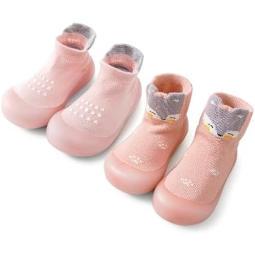 2 Pairs Baby Sock Shoes Boys Girls Non Slip Soft Rubber Sole Sneakers Toddler Infant Slip On Slippers First Walking Shoes