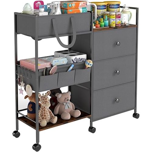 3-Tier Baby Diaper Caddy Organizer and Storage Cart, Baby Essentials with 2+2 Dividers and 3 Drawers, Large Capacity Rolling Cart for Nursery Storage, Diaper Caddy Cart for Crib, Bedroom, Bathroom