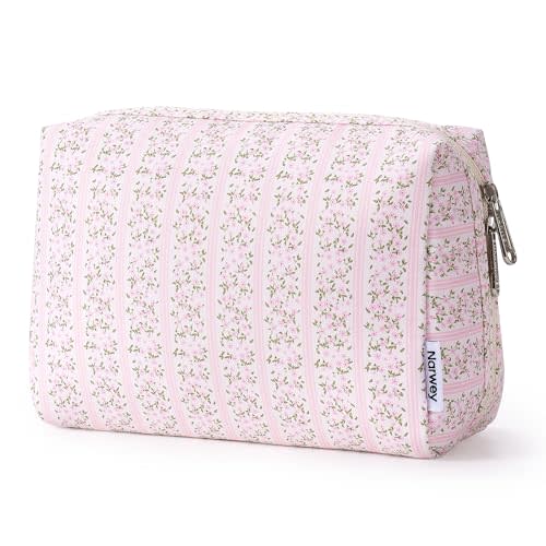 Narwey Cute Floral Makeup Bag Travel Cosmetic Bag Organizer Toiletry Bag Make Up Bags with Compartments for Women Girls (Pink Flower Buds, Large)