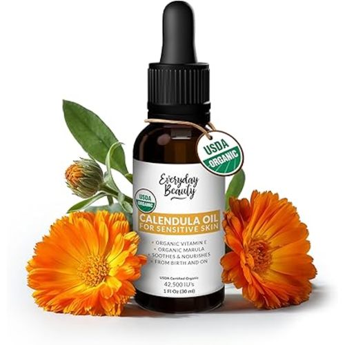 Organic Calendula Oil For Sensitive Skin - USDA Certified 100% Natural Plant Based, Lightweight & Unscented Gentle Soothing Oil For Sensitive Skin - For Face, Skin & All Over - 1 Fl Oz Glass & Dropper