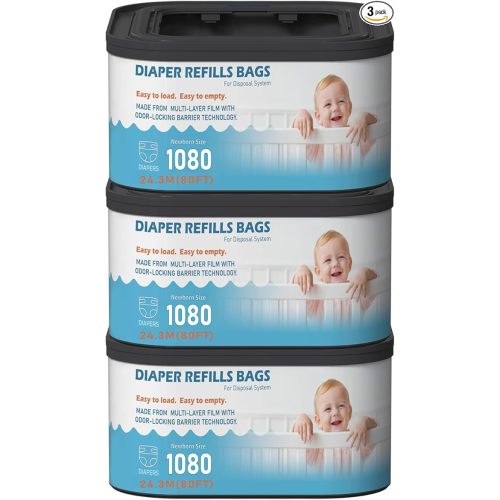 Jumbo+ Square Refills Disposal Bags Refill (Baby Powder Scent) Compatible with Diaper Genie Classic, Compact and Select Pails, Hold Up to 1080 Newborn-Sized Diapers Per Refill, 3 Pack
