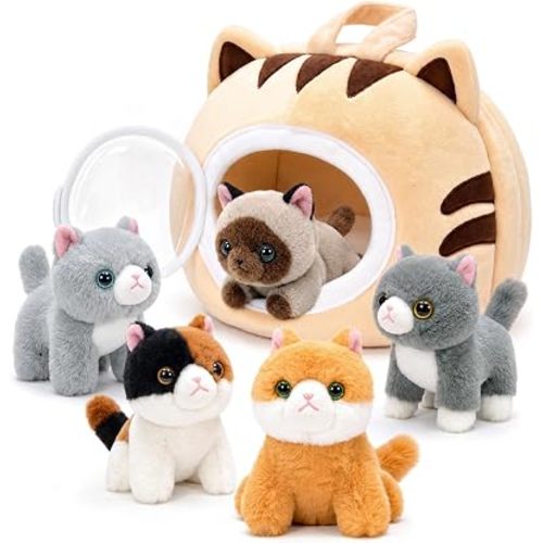 7-Piece Cat Stuffed Animal Playset with 5 Kittens, Plush House and Cushion