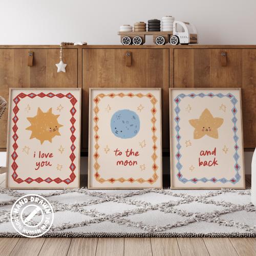 Hand Drawn Sun, Moon, Stars Nursery Prints: I Love You to the Moon Back Set