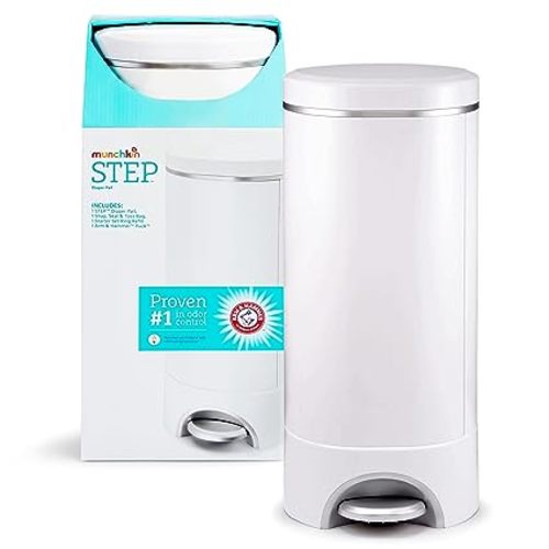 Munchkin® STEP™ Diaper Pail Powered by Arm & Hammer, #1 in Odor Control, Award-Winning, Includes 1 Snap, Seal & Toss™ Bag, 1 Starter Refill Ring, and 1 PUCK™ Baking Soda Cartridge