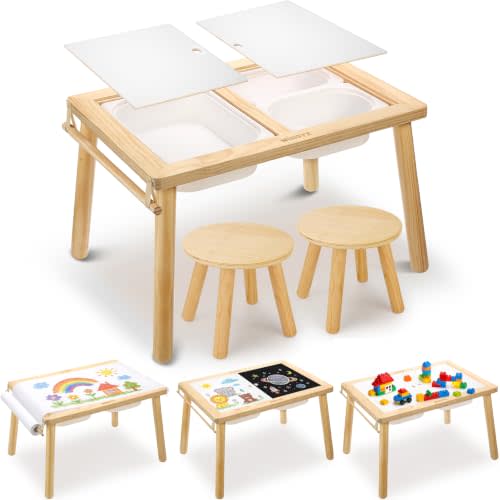 WINGYZ Sensory Table and 2 Chairs Set, Toddler Table with 3 Storage Bin FSC | Sand Water Table Graffiti Tabletop, Kids Art Table with Paper Holder, 7-in-1 Activity Table for Play Study Storage 1-8 Gifts