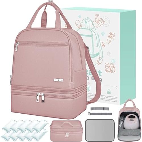 Breast Pump Bag with Insulated Cooler, Double-Layer Pumping Bag for Work & Travel, Fits Most Electric Breast Pumps, Includes 10 Ice Packs & Waterproof Mat, Detachable Bottle Cooler Tote, Pink