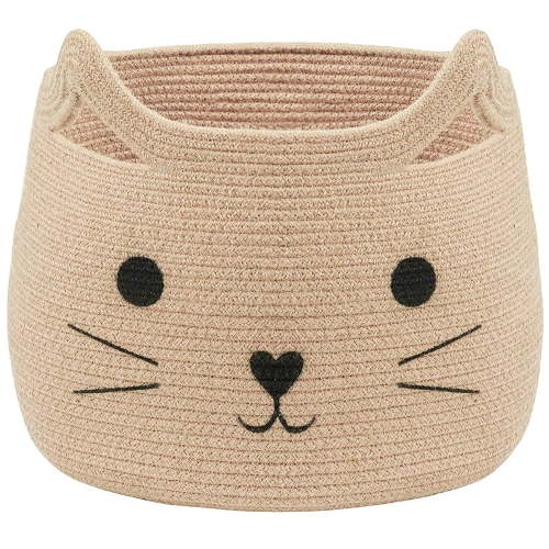 TACYKIBD Animal Baskets Large Woven Cotton Rope Storage Basket with Cute Cat Design Animal Laundry Basket Organizer for Towels, Blanket, Toys, Clothes, Gifts – Pet or Baby Gift Baskets 15"Lx14H"